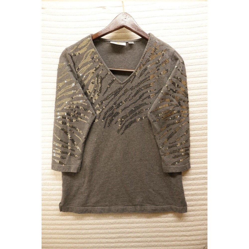 QUACKER FACTORY Gray Sequin 3/4 Sleeve V-Neck Shirt Size Small Contemporary